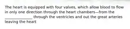 The heart is equipped with four valves, which allow blood to flow in only one direction through the heart chambers—from the _______________ through the ventricles and out the great arteries leaving the heart