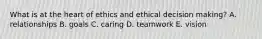 What is at the heart of ethics and ethical decision making? A. relationships B. goals C. caring D. teamwork E. vision