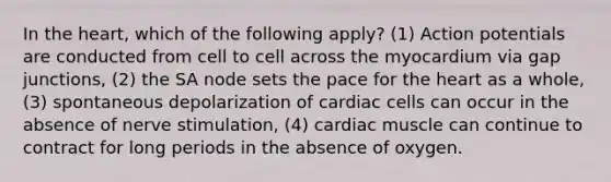 In the heart, which of the following apply? (1) Action potentials are conducted from cell to cell across the myocardium via gap junctions, (2) the SA node sets the pace for the heart as a whole, (3) spontaneous depolarization of cardiac cells can occur in the absence of nerve stimulation, (4) cardiac muscle can continue to contract for long periods in the absence of oxygen.