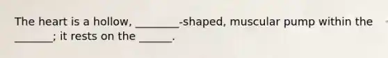 The heart is a hollow, ________-shaped, muscular pump within the _______; it rests on the ______.