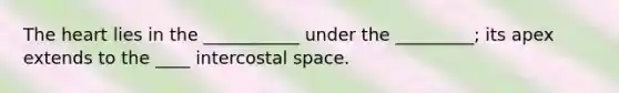 The heart lies in the ___________ under the _________; its apex extends to the ____ intercostal space.