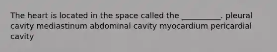 The heart is located in the space called the __________. pleural cavity mediastinum abdominal cavity myocardium pericardial cavity