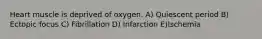 Heart muscle is deprived of oxygen. A) Quiescent period B) Ectopic focus C) Fibrillation D) Infarction E)Ischemia