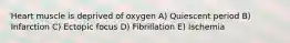 Heart muscle is deprived of oxygen A) Quiescent period B) Infarction C) Ectopic focus D) Fibrillation E) Ischemia