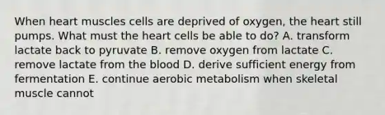 When heart muscles cells are deprived of oxygen, the heart still pumps. What must the heart cells be able to do? A. transform lactate back to pyruvate B. remove oxygen from lactate C. remove lactate from the blood D. derive sufficient energy from fermentation E. continue aerobic metabolism when skeletal muscle cannot