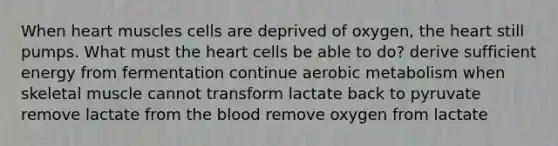 When heart muscles cells are deprived of oxygen, the heart still pumps. What must the heart cells be able to do? derive sufficient energy from fermentation continue aerobic metabolism when skeletal muscle cannot transform lactate back to pyruvate remove lactate from the blood remove oxygen from lactate