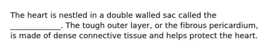 The heart is nestled in a double walled sac called the _____________. The tough outer layer, or the fibrous pericardium, is made of dense connective tissue and helps protect the heart.