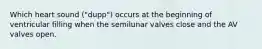 Which heart sound ("dupp") occurs at the beginning of ventricular filling when the semilunar valves close and the AV valves open.