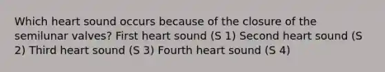 Which heart sound occurs because of the closure of the semilunar valves? First heart sound (S 1) Second heart sound (S 2) Third heart sound (S 3) Fourth heart sound (S 4)