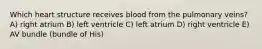 Which heart structure receives blood from the pulmonary veins? A) right atrium B) left ventricle C) left atrium D) right ventricle E) AV bundle (bundle of His)