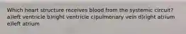 Which heart structure receives blood from the systemic circuit? a)left ventricle b)right ventricle c)pulmonary vein d)right atrium e)left atrium