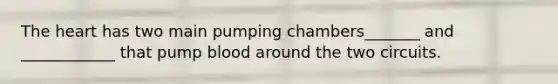 <a href='https://www.questionai.com/knowledge/kya8ocqc6o-the-heart' class='anchor-knowledge'>the heart</a> has two main pumping chambers_______ and ____________ that pump blood around the two circuits.