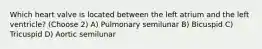 Which heart valve is located between the left atrium and the left ventricle? (Choose 2) A) Pulmonary semilunar B) Bicuspid C) Tricuspid D) Aortic semilunar