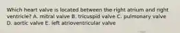 Which heart valve is located between the right atrium and right ventricle? A. mitral valve B. tricuspid valve C. pulmonary valve D. aortic valve E. left atrioventricular valve