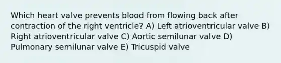 Which heart valve prevents blood from flowing back after contraction of the right ventricle? A) Left atrioventricular valve B) Right atrioventricular valve C) Aortic semilunar valve D) Pulmonary semilunar valve E) Tricuspid valve