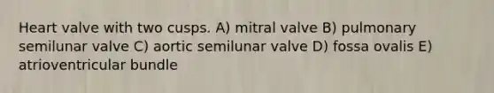 Heart valve with two cusps. A) mitral valve B) pulmonary semilunar valve C) aortic semilunar valve D) fossa ovalis E) atrioventricular bundle