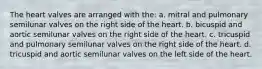 The heart valves are arranged with the: a. mitral and pulmonary semilunar valves on the right side of the heart. b. bicuspid and aortic semilunar valves on the right side of the heart. c. tricuspid and pulmonary semilunar valves on the right side of the heart. d. tricuspid and aortic semilunar valves on the left side of the heart.