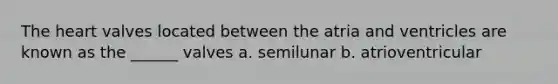 The heart valves located between the atria and ventricles are known as the ______ valves a. semilunar b. atrioventricular