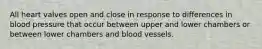 All heart valves open and close in response to differences in blood pressure that occur between upper and lower chambers or between lower chambers and blood vessels.