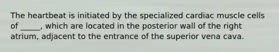 <a href='https://www.questionai.com/knowledge/kya8ocqc6o-the-heart' class='anchor-knowledge'>the heart</a>beat is initiated by the specialized cardiac muscle cells of _____, which are located in the posterior wall of the right atrium, adjacent to the entrance of the superior vena cava.