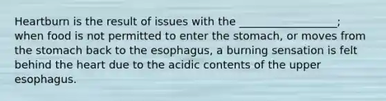 Heartburn is the result of issues with the __________________; when food is not permitted to enter <a href='https://www.questionai.com/knowledge/kLccSGjkt8-the-stomach' class='anchor-knowledge'>the stomach</a>, or moves from the stomach back to <a href='https://www.questionai.com/knowledge/kSjVhaa9qF-the-esophagus' class='anchor-knowledge'>the esophagus</a>, a burning sensation is felt behind <a href='https://www.questionai.com/knowledge/kya8ocqc6o-the-heart' class='anchor-knowledge'>the heart</a> due to the acidic contents of the upper esophagus.