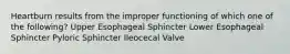 Heartburn results from the improper functioning of which one of the following? Upper Esophageal Sphincter Lower Esophageal Sphincter Pyloric Sphincter Ileocecal Valve