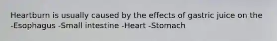 Heartburn is usually caused by the effects of gastric juice on the -Esophagus -Small intestine -Heart -Stomach