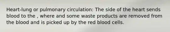 Heart-lung or pulmonary circulation: The side of the heart sends blood to the , where and some waste products are removed from the blood and is picked up by the red blood cells.