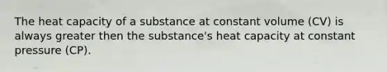 The heat capacity of a substance at constant volume (CV) is always greater then the substance's heat capacity at constant pressure (CP).