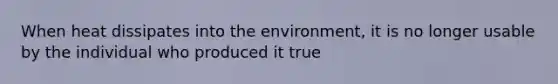 When heat dissipates into the environment, it is no longer usable by the individual who produced it true