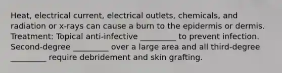 Heat, electrical current, electrical outlets, chemicals, and radiation or x-rays can cause a burn to the epidermis or dermis. Treatment: Topical anti-infective _________ to prevent infection. Second-degree _________ over a large area and all third-degree _________ require debridement and skin grafting.