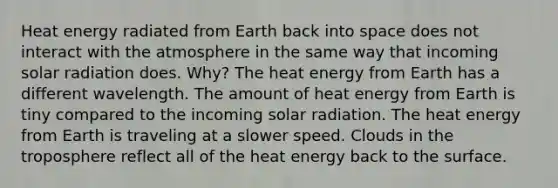 Heat energy radiated from Earth back into space does not interact with the atmosphere in the same way that incoming solar radiation does. Why? The heat energy from Earth has a different wavelength. The amount of heat energy from Earth is tiny compared to the incoming solar radiation. The heat energy from Earth is traveling at a slower speed. Clouds in the troposphere reflect all of the heat energy back to the surface.