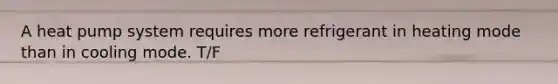 A heat pump system requires more refrigerant in heating mode than in cooling mode. T/F