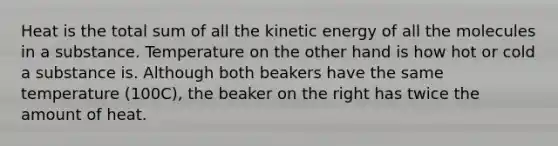 Heat is the total sum of all the kinetic energy of all the molecules in a substance. Temperature on the other hand is how hot or cold a substance is. Although both beakers have the same temperature (100C), the beaker on the right has twice the amount of heat.