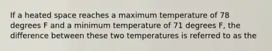 If a heated space reaches a maximum temperature of 78 degrees F and a minimum temperature of 71 degrees F, the difference between these two temperatures is referred to as the