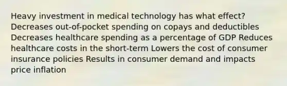 Heavy investment in medical technology has what effect? Decreases out-of-pocket spending on copays and deductibles Decreases healthcare spending as a percentage of GDP Reduces healthcare costs in the short-term Lowers the cost of consumer insurance policies Results in consumer demand and impacts price inflation