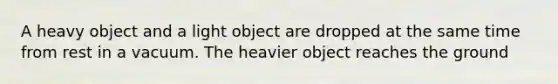 A heavy object and a light object are dropped at the same time from rest in a vacuum. The heavier object reaches the ground