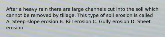 After a heavy rain there are large channels cut into the soil which cannot be removed by tillage. This type of soil erosion is called A. Steep-slope erosion B. Rill erosion C. Gully erosion D. Sheet erosion