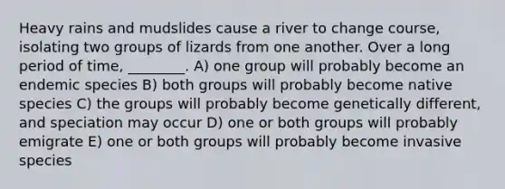 Heavy rains and mudslides cause a river to change course, isolating two groups of lizards from one another. Over a long period of time, ________. A) one group will probably become an endemic species B) both groups will probably become native species C) the groups will probably become genetically different, and speciation may occur D) one or both groups will probably emigrate E) one or both groups will probably become invasive species