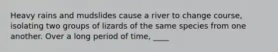 Heavy rains and mudslides cause a river to change course, isolating two groups of lizards of the same species from one another. Over a long period of time, ____