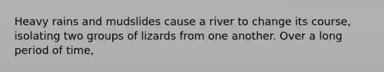 Heavy rains and mudslides cause a river to change its course, isolating two groups of lizards from one another. Over a long period of time,