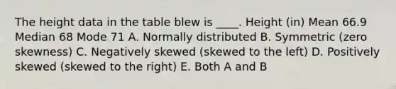 The height data in the table blew is ____. Height (in) Mean 66.9 Median 68 Mode 71 A. Normally distributed B. Symmetric (zero skewness) C. Negatively skewed (skewed to the left) D. Positively skewed (skewed to the right) E. Both A and B