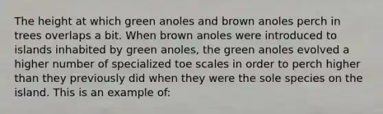 The height at which green anoles and brown anoles perch in trees overlaps a bit. When brown anoles were introduced to islands inhabited by green anoles, the green anoles evolved a higher number of specialized toe scales in order to perch higher than they previously did when they were the sole species on the island. This is an example of: