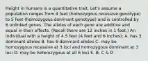 Height in humans is a quantitative trait. Let's assume a population ranges from 4 feet (homozygous recessive genotype) to 5 feet (homozygous dominant genotype) and is controlled by 6 unlinked genes. The alleles of each gene are additive and equal in their effects. (Recall there are 12 inches in 1 foot.) An individual with a height of 4.5 feet (4 feet and 6 inches): A. has 3 dominant alleles B. has 6 dominant alleles C. may be homozygous recessive at 3 loci and homozygous dominant at 3 loci D. may be heterozygous at all 6 loci E. B, C & D