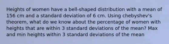 Heights of women have a bell-shaped distribution with a mean of 156 cm and a <a href='https://www.questionai.com/knowledge/kqGUr1Cldy-standard-deviation' class='anchor-knowledge'>standard deviation</a> of 6 cm. Using chebyshev's theorem, what do we know about the percentage of women with heights that are within 3 standard deviations of the mean? Max and min heights within 3 standard deviations of the mean