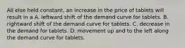 All else held constant, an increase in the price of tablets will result in a A. leftward shift of the demand curve for tablets. B. rightward shift of the demand curve for tablets. C. decrease in the demand for tablets. D. movement up and to the left along the demand curve for tablets.