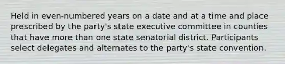 Held in even-numbered years on a date and at a time and place prescribed by the party's state executive committee in counties that have more than one state senatorial district. Participants select delegates and alternates to the party's state convention.