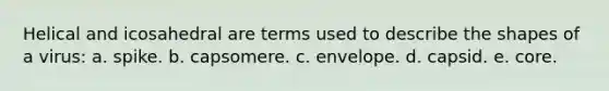 Helical and icosahedral are terms used to describe the shapes of a virus: a. spike. b. capsomere. c. envelope. d. capsid. e. core.