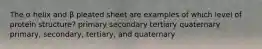 The α helix and β pleated sheet are examples of which level of protein structure? primary secondary tertiary quaternary primary, secondary, tertiary, and quaternary