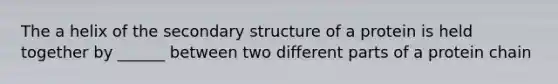 The a helix of the secondary structure of a protein is held together by ______ between two different parts of a protein chain